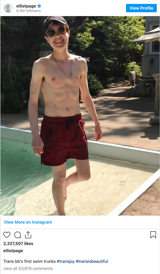 Elliot Page poses in a swimsuit after surgery
