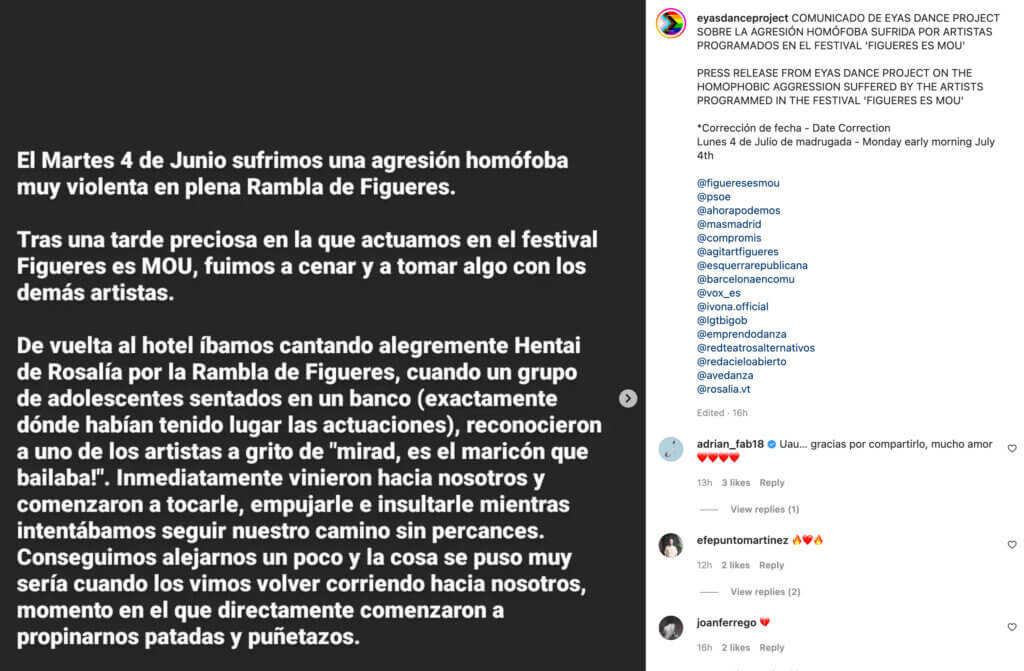 A group of dancers suffers a homophobic attack in Figueres